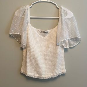 White Abercrombie smocked crop flutter sleeve clip dot top